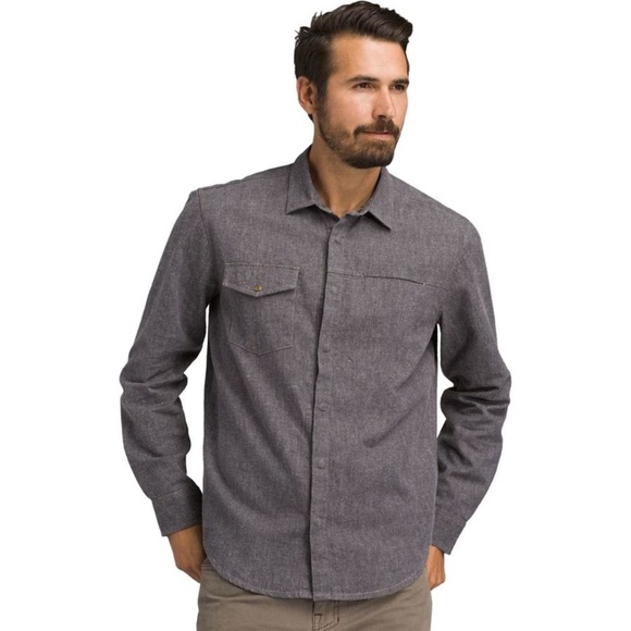 PrAna Men’s Lenny Overshirt Gray Gravel Snap Button Hemp Blend Long Sleeve Shirt - Picture 1 of 12